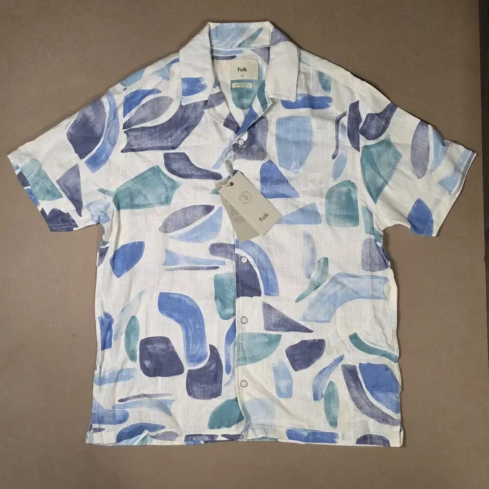 FOLK Men's PALCONT Short Sleeve Linen Blend Abstract Shirt color Blue Size M NEW
